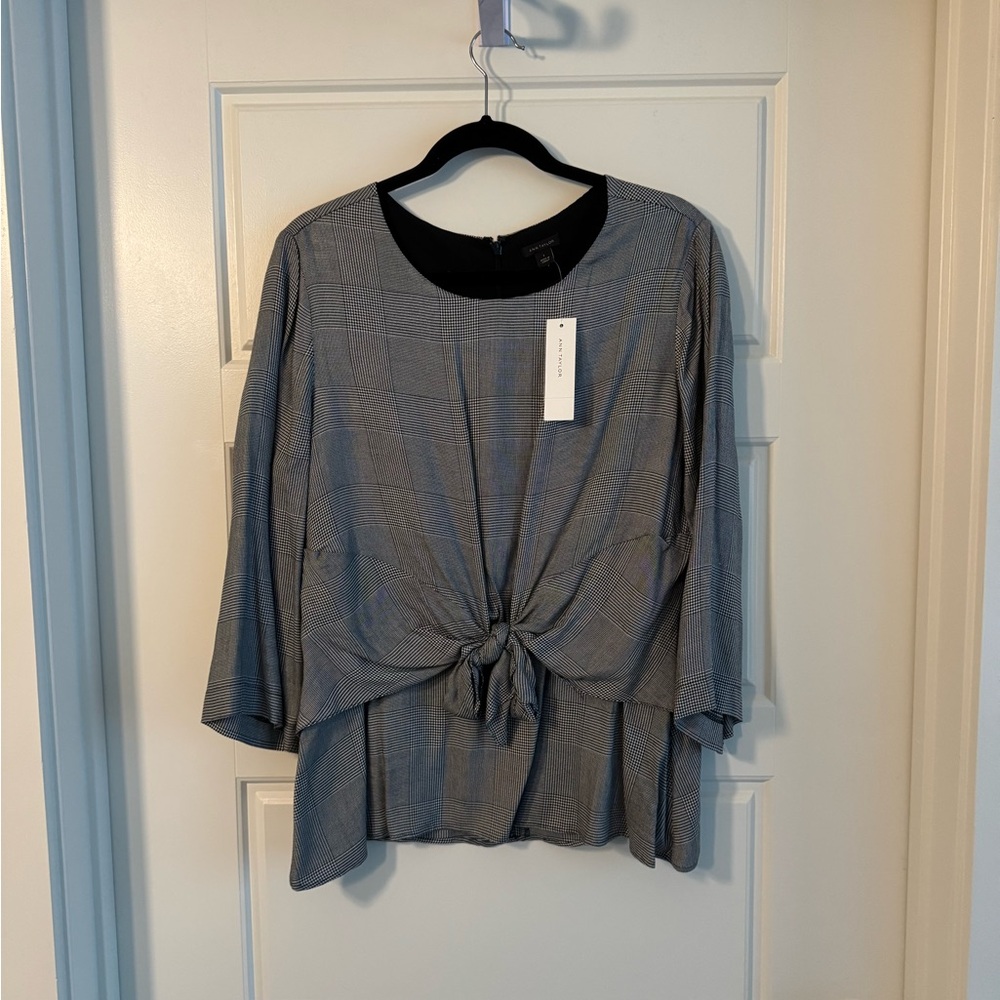 Ann Taylor Plaid Blouse with Knot Detail